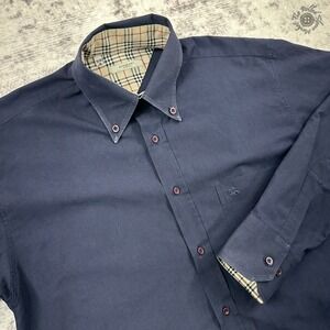 Burberry London Men's Shirt Medium Navy Blue Button-Down Check Trim 39/40